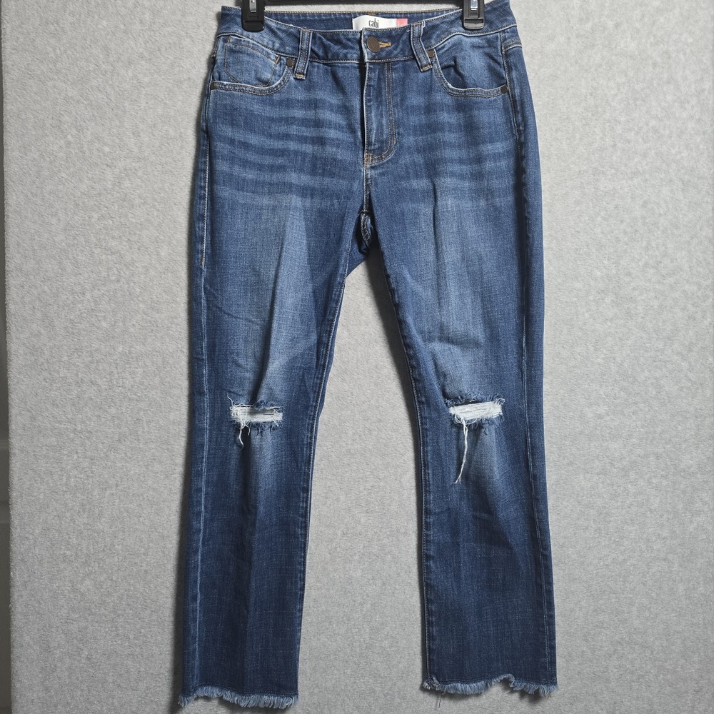 Cabi  Jeans Size 4, Cropped High Straight Distressed Ripped Knee Raw Hem Denim